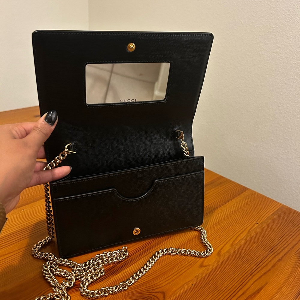 Gucci Black Leather Mirror Crossbody with Gold Chain